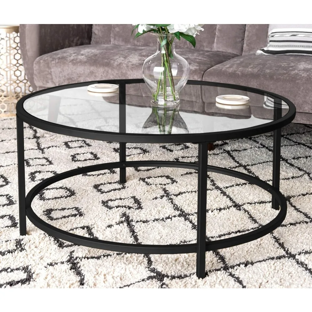 

36" modern round tempered glass-edged coffee table with home décor with metal frame and injurious toe cap，36 L x 36 W x 17 H in