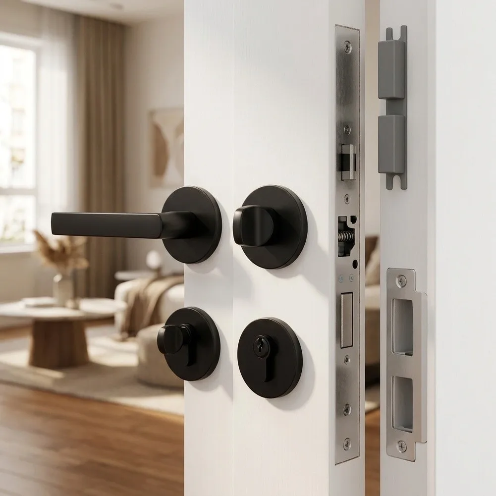 Lever Door Lock Set Matte for Black with Ultra-Quiet Magnetic Mortise Solid Brass Cylinder ABS Dust Box and Full Mounting Kit