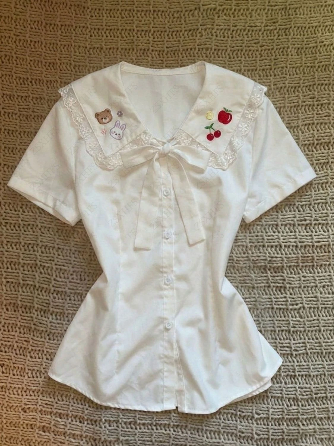 Kawaii Blouse Y2k Tops Slim Women Clothes  Harajuku Sexy Sweet Girl Japanese Peter Pan Collar Lace Short Sleeves Cuteore T Shirt