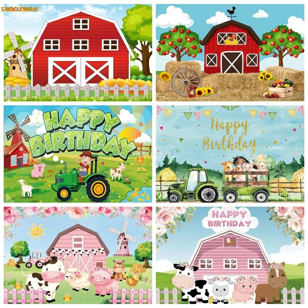 

Cartoon Rural Farm Animal Barn House Cow Circle Newborn Baby Birthday Shower Photography Background Decor Photocall Photo Studio