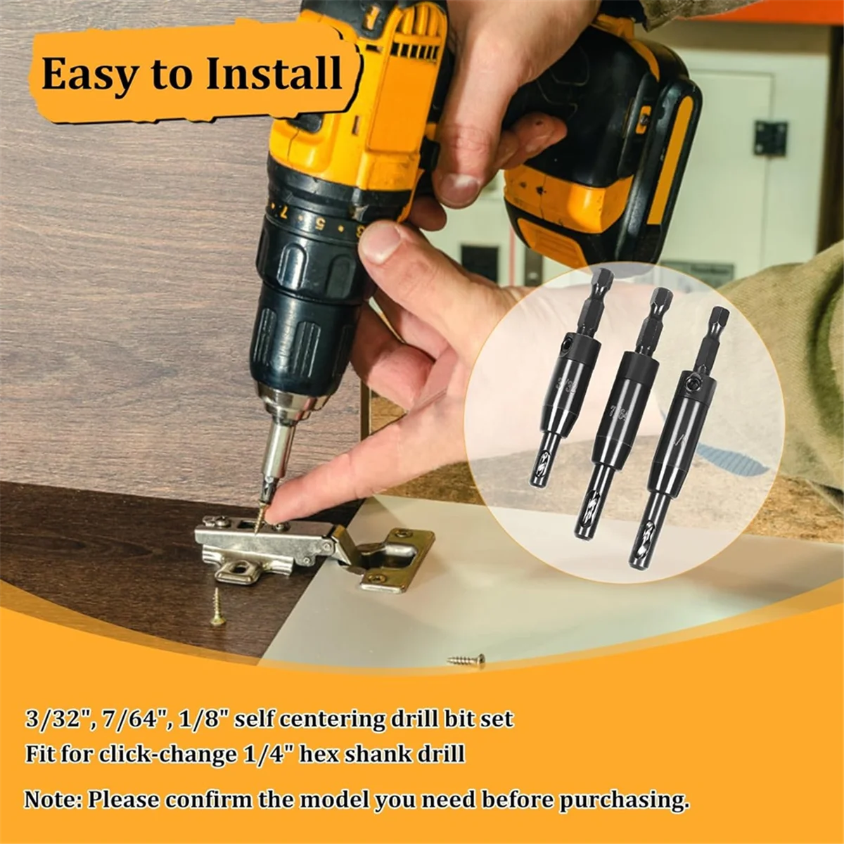 ABXHH 3 Buah Set Mata Bor Pemusatan Mandiri 3/32 Inci, 7/64 Inci, 1/8 Inci, Mata Bor Engsel Penengahan Mandiri