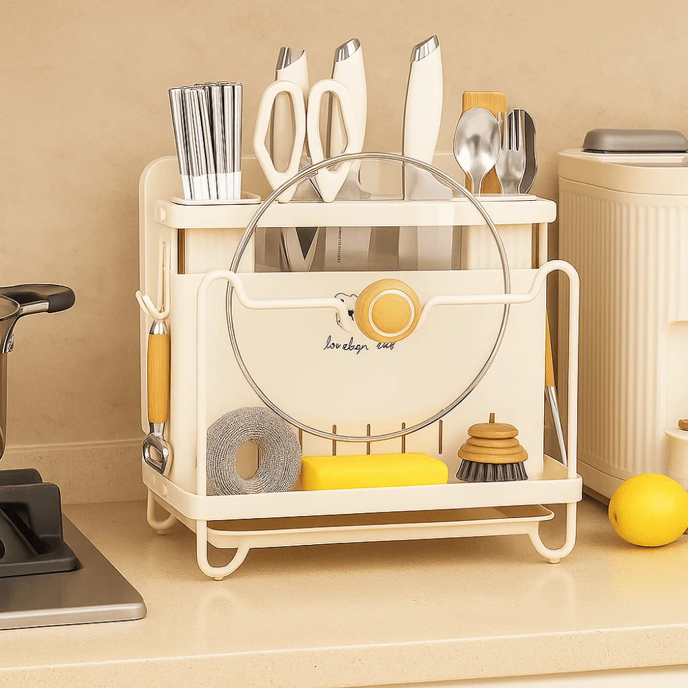 

Stable Cutter Holder Large Capacity Space Saving Cutlery Drying Rack Anti-slip with Water Tray Kitchen Storage Rack for Home