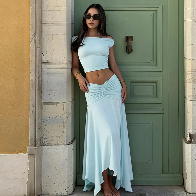 Hugcitar Damenmode 2-teiliges Set, schulterfreies, einfarbiges, sexy Crop-Top, plissierter Maxirock, unregelmäßiges Outfit, Strandurlaub, Y2K – Detail 15
