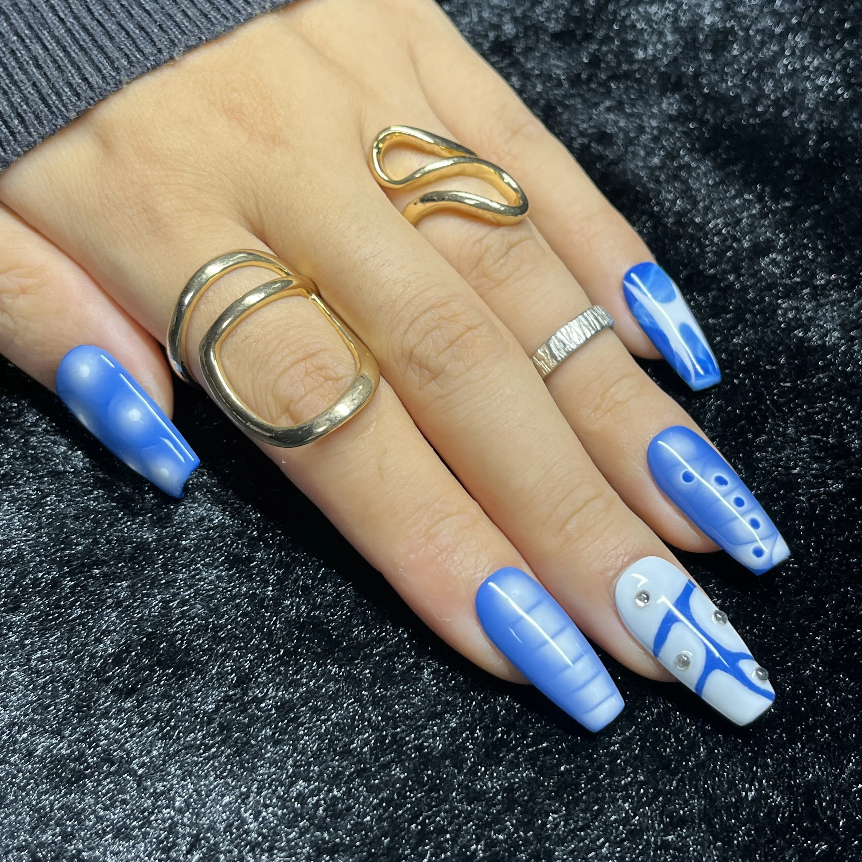 10PCS Colorful Star False Nails with Medium Square Y2K Kawaii Press on Nails Rhinestone Metallic Glitter Bright Handmade Nails