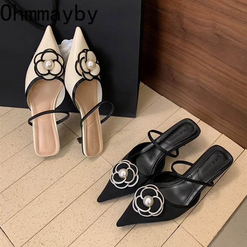 Luxury Designer Slip On Women Mules Slippers Shoes Fashion Pointed Toe Flower Slides Elegant Street Style High Heel Sandals