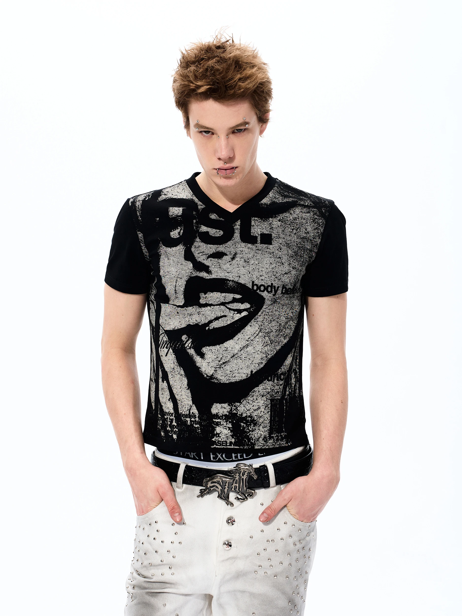 Men's Slim Fit Short Sleeve T-Shirt V-Neck Print Street Style Summer Fashionable Youthful Cotton Breathable Unisex Top