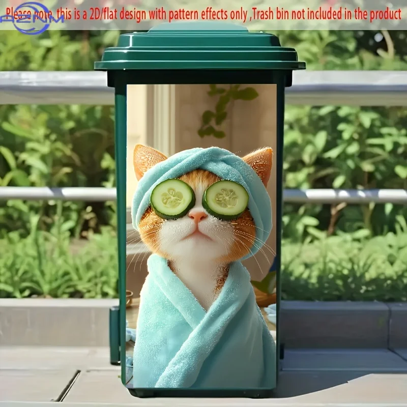 1pc 2D/Flat Trash Can Sticker, .01*cm, depicting a pampered cat with cucumber slices and a towel wrap. Perfect for bringing a
