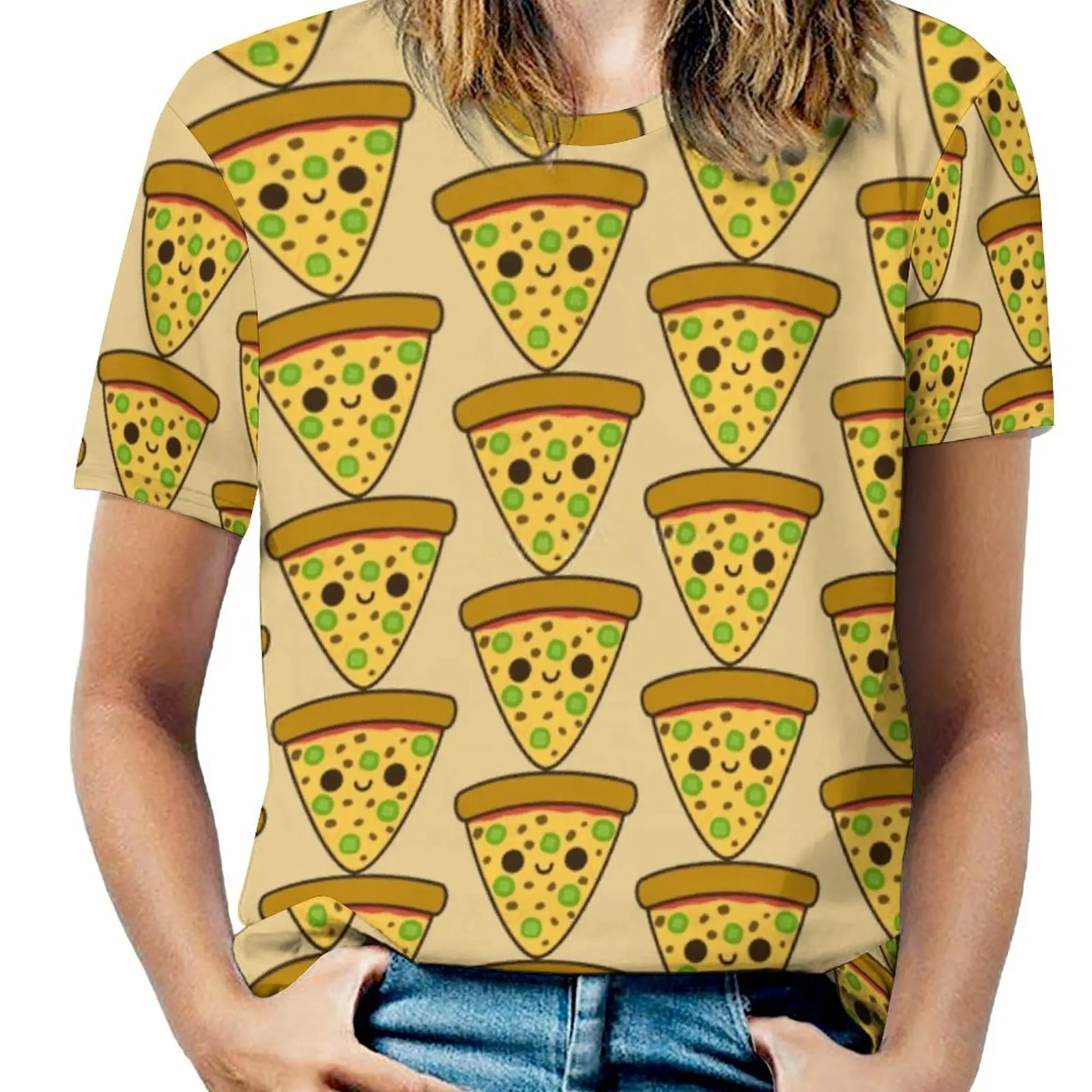 Yummy Spicy Pizza Women T-Shirt Crewneck Casual Short Sleeve Tops Summer Tees Cute Kawaii Sweet Fun Silly Food Snack Pizza