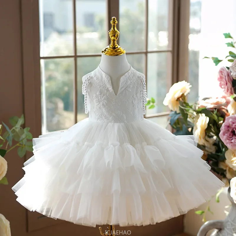 

2025 Girls White Princess Puffy Dress Children Wedding Flower Girl Pageant Formal Outfit Birthday Gown Piano Performance Hostess