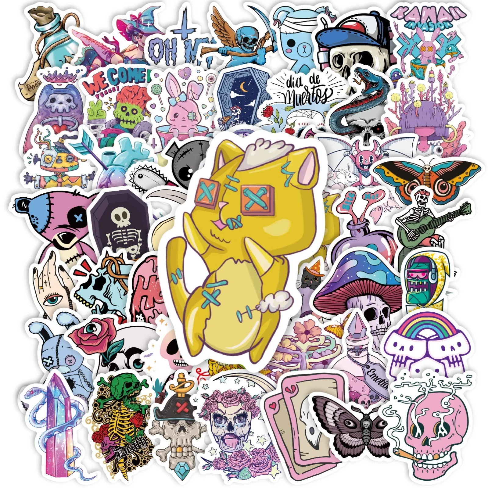 50 PCS Cartoon Mix Color Skull Creative Stickers Student Water Cup Luggage Notebook Scrapbook Decorate Waterproof Decals