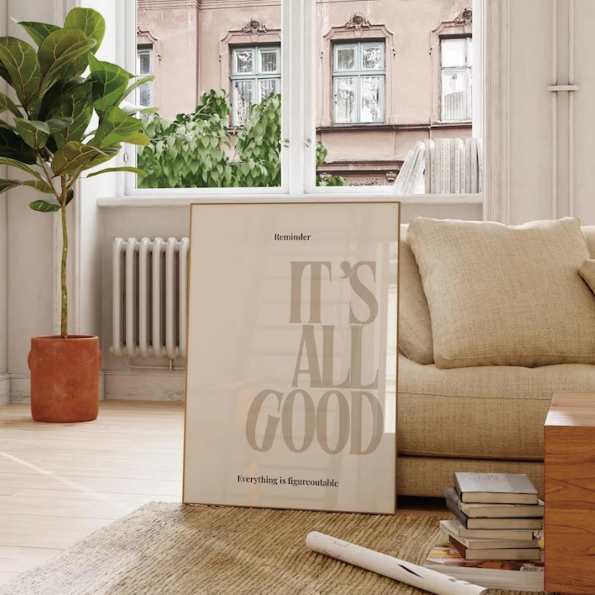 Beige minimalistischer Kunstdruck „It's All Good Empowerment“ als Leinwandbild, Poster, Bild für Wohnzimmer, Schlafzimmer, Heimdekoration
