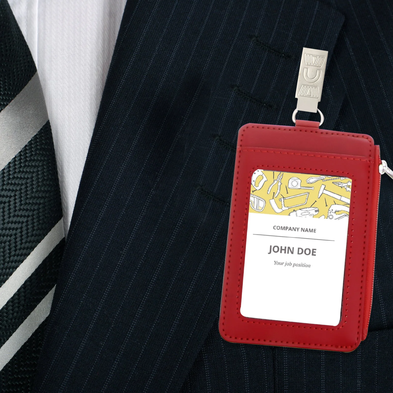 

Red Id Holder Badge Case PU Material Waterproof Front Window Clear Cover Lanyard Clip Badge Holder