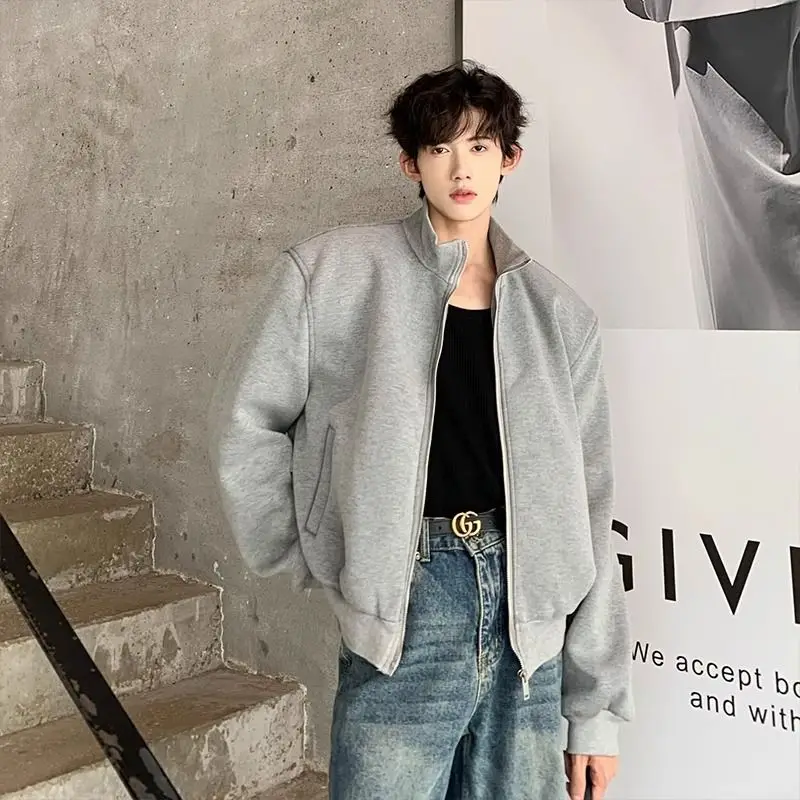 Korean shoulder padded men's autumn and winter handsome and high-end zipper design stand collar oversize jacket men clothing top