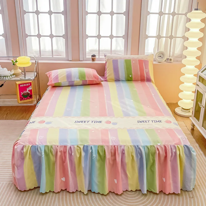 Romantic Love Heart Bed Skirt Microfiber Cartoon Rainbow Stripes Bed Sheet Set 1 Elastic Wrap Around Bedskirt with 2 Pillowcases