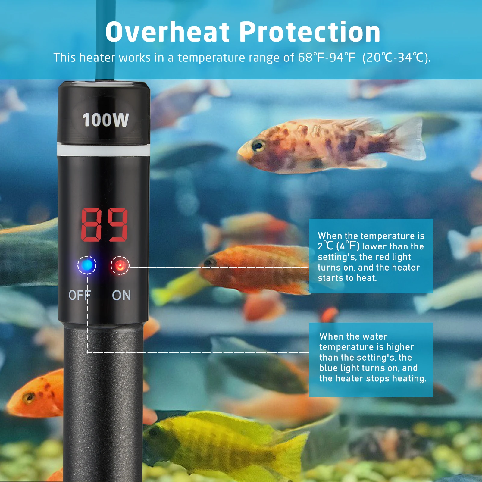 INKBIRD PLUS Titanium Aquarium Heater 100W Submersible Fish Tank Heater With Smart IC Chip Waterproof LCD Screen Saltwater Tanks