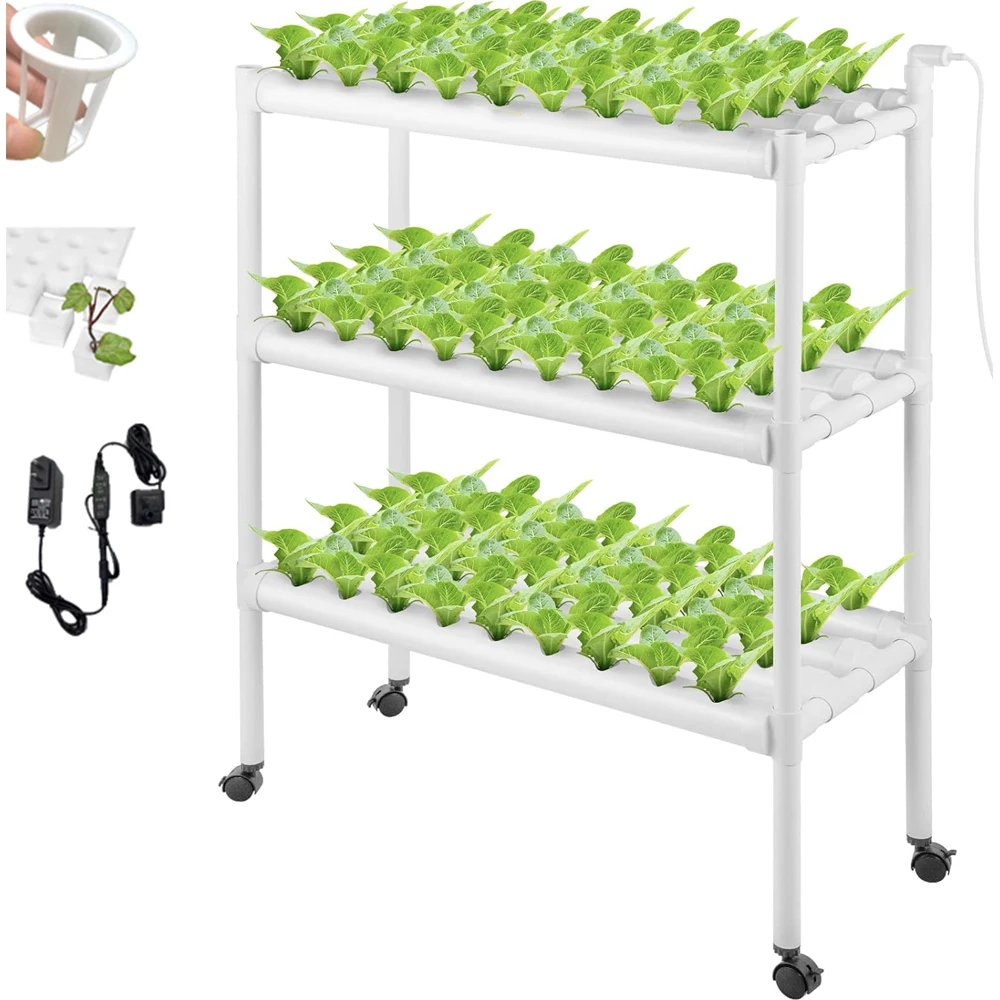 Indoor Hydroponics System 108 Sites 12 PVC-U Pipes 3 Layers With Water Pump Timer Net Pots Sponge for Vegetables Herbs Fruits