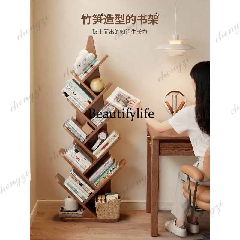 Solid wood tree-shaped bookshelf integrated floor rack against the wall, living room corner children's creative bookshelf d178