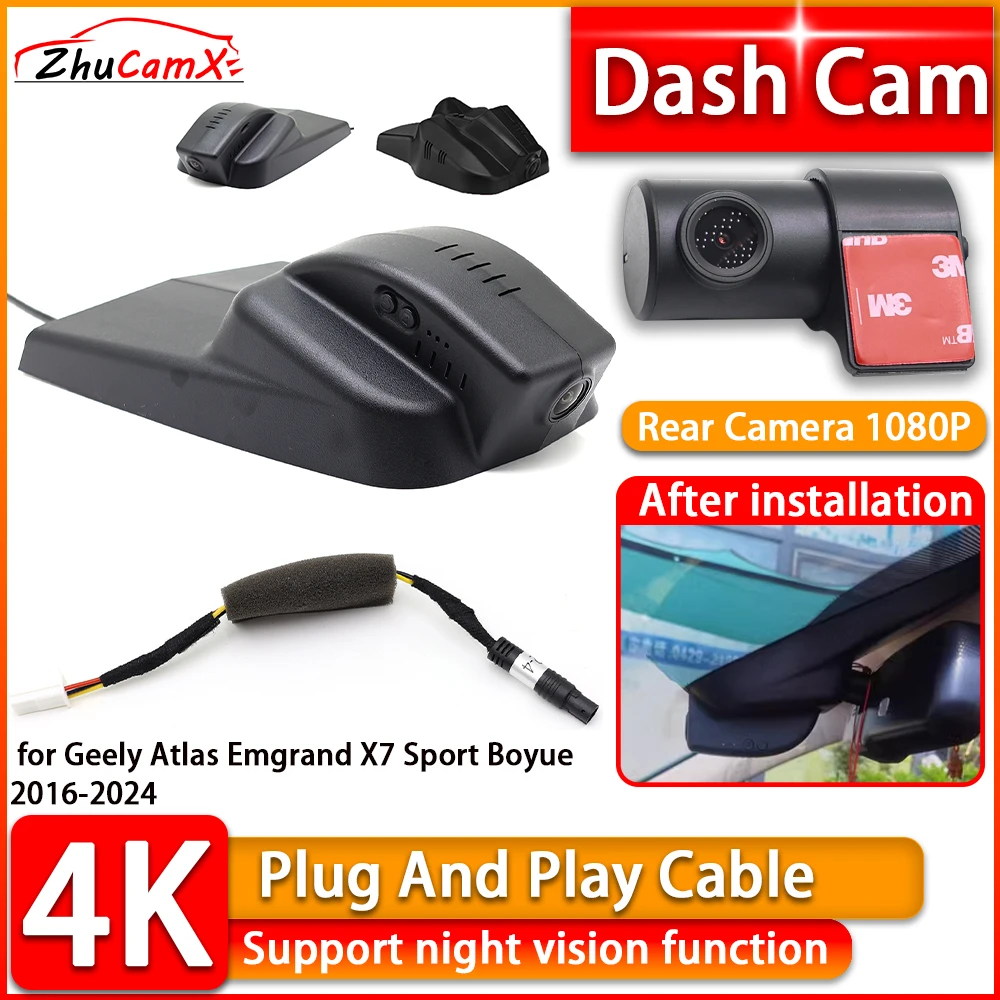 2160P Wiifi 4K Dash Cam for Geely Atlas Emgrand X7 Sport Boyue 2016-2024 DVR Front Rear Car Camera Plug and Play Video Recorder