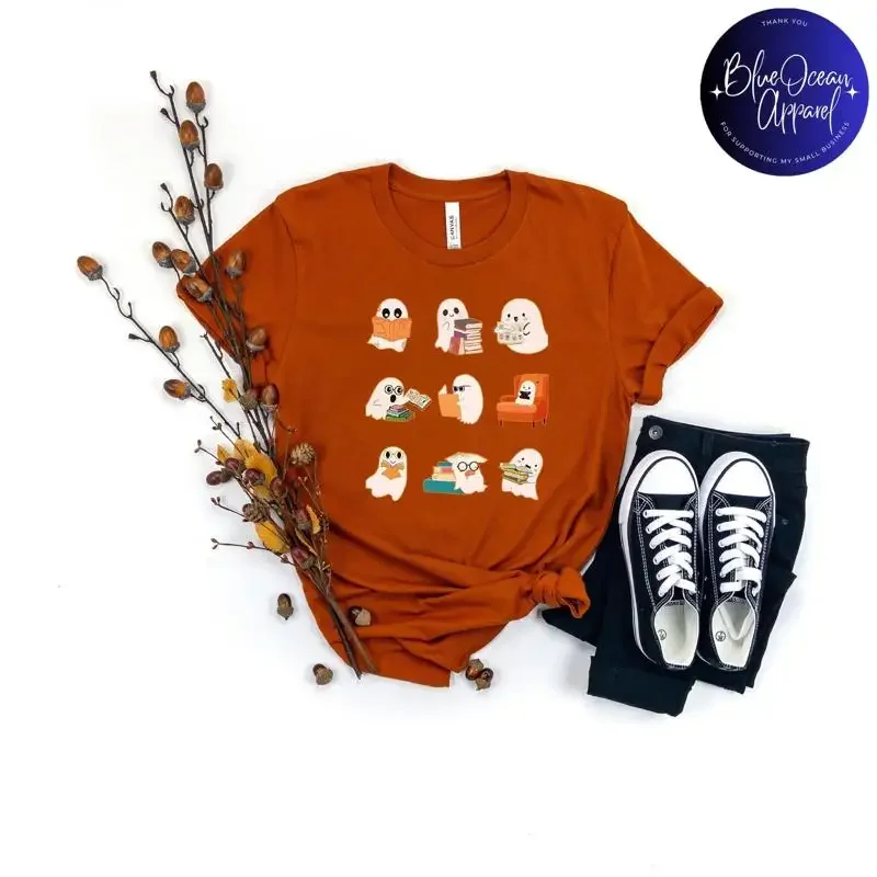 Cute Reader Ghost T Shirt Halloween Librarian Bookish Costume Fall Book Lover Reading