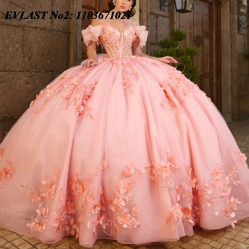 EVLAST Customized Glitter Pink Quinceanera Dress Off Shoulder Floral Applique Beaded Corset Sweet 16 Vestidos De 15 Anos E2QA13