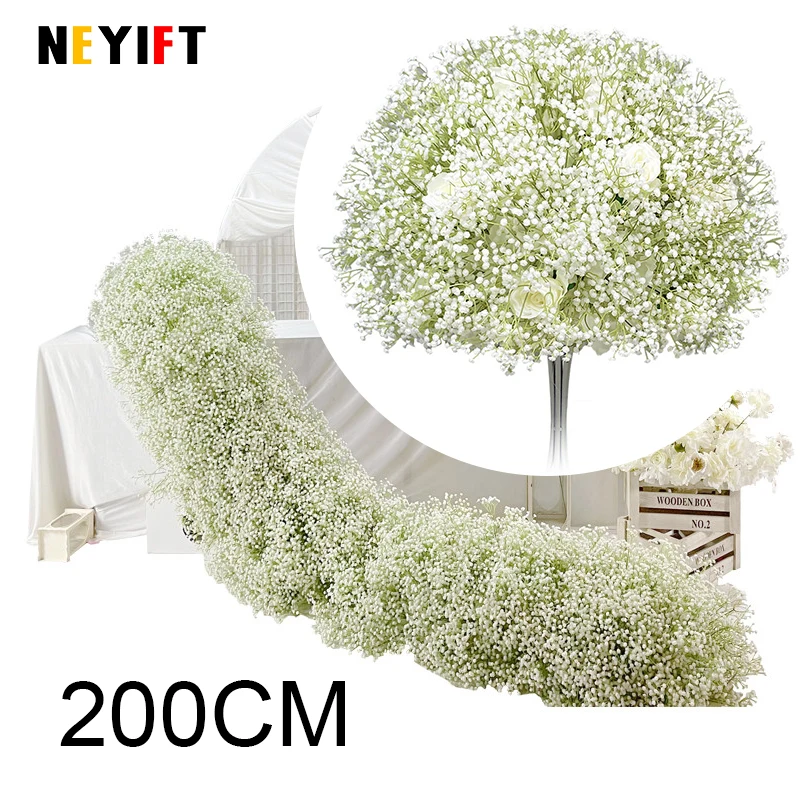 White Gypsophila Baby Breath Rose Flower Row Arrangement Wedding Backdrop Prop Flower Event Table Floral Runner Window Display