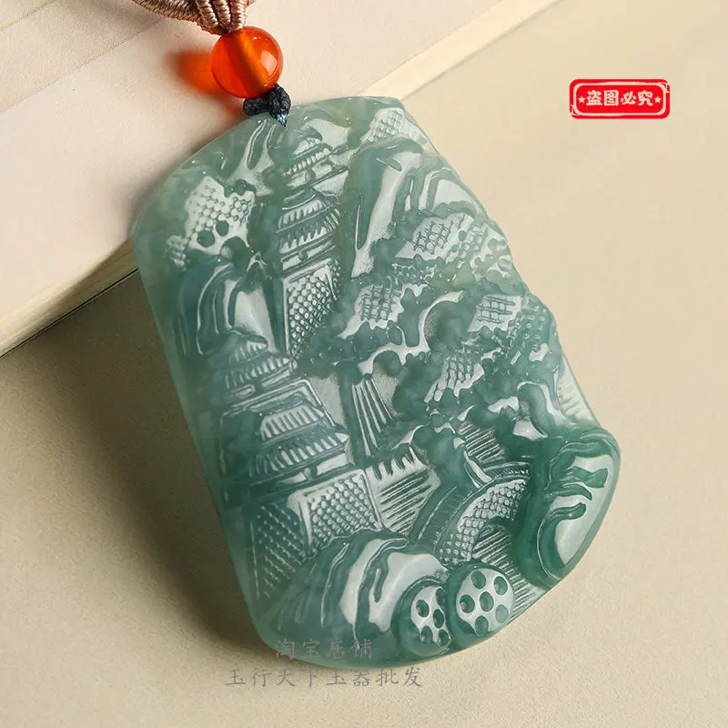 Natural A jadeite landscape jade brand Myanmar jade pendant blue water floating flower jade pendant men's and women's emerald ja