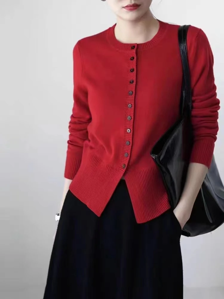 

Western style round neck buckle cashmere knit cardigan women's spring and autumn loose slimming waist coat short sweater