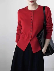 Western style round neck buckle cashmere knit cardigan women's spring and autumn loose slimming waist coat short sweater