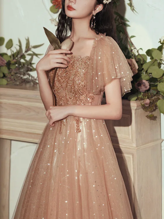 Ele longue robe de soirée à une épaule pour femme rose fée T hôte Dr perles scintillantes bulle Sve taille moyenne bal...