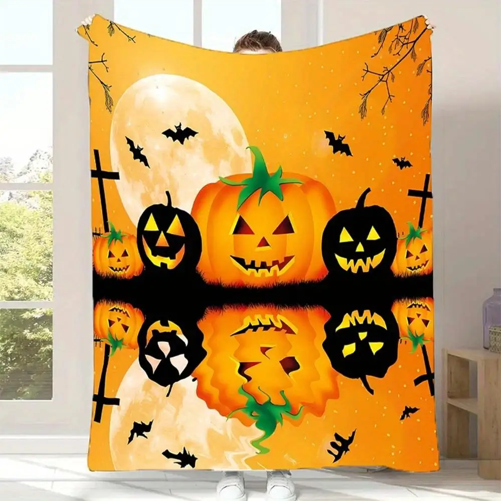 Orange Black Halloween Pumpkin Bat Fleece Blanket, Spooky Night Sky Print Soft All Season Throw for Sofa Bed Camping Travel