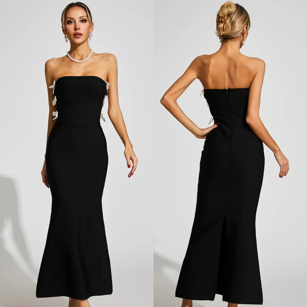 

Customized High Quality Simple Jersey Bow Pleat Mermaid Strapless Ankle Length Dresses Bespoke Occasion Dresses Sizes Available