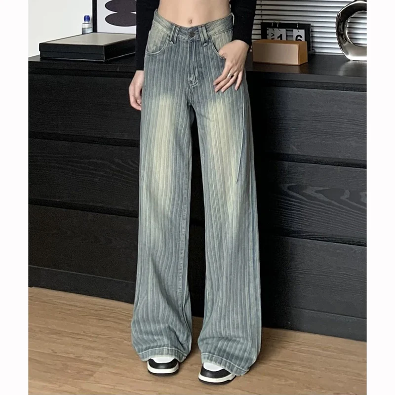 2025 Girls Striped Designer Wide Leg Jeans Female Chic Retro High Waist Denim Trousers Lady Baggy Thin Casual Pants