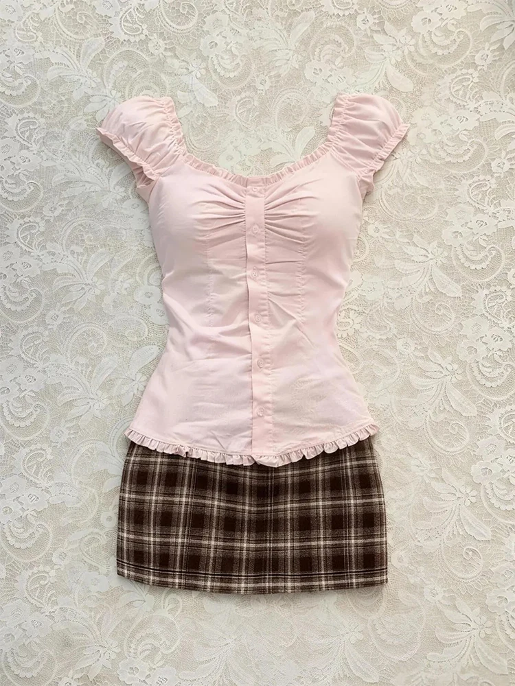 

Summer New Pure Desire Pink Lace Trim Waist Short Sleeve Shirt Women's Plaid Wrap around Half Skirt Two Piece Set Sweet Style