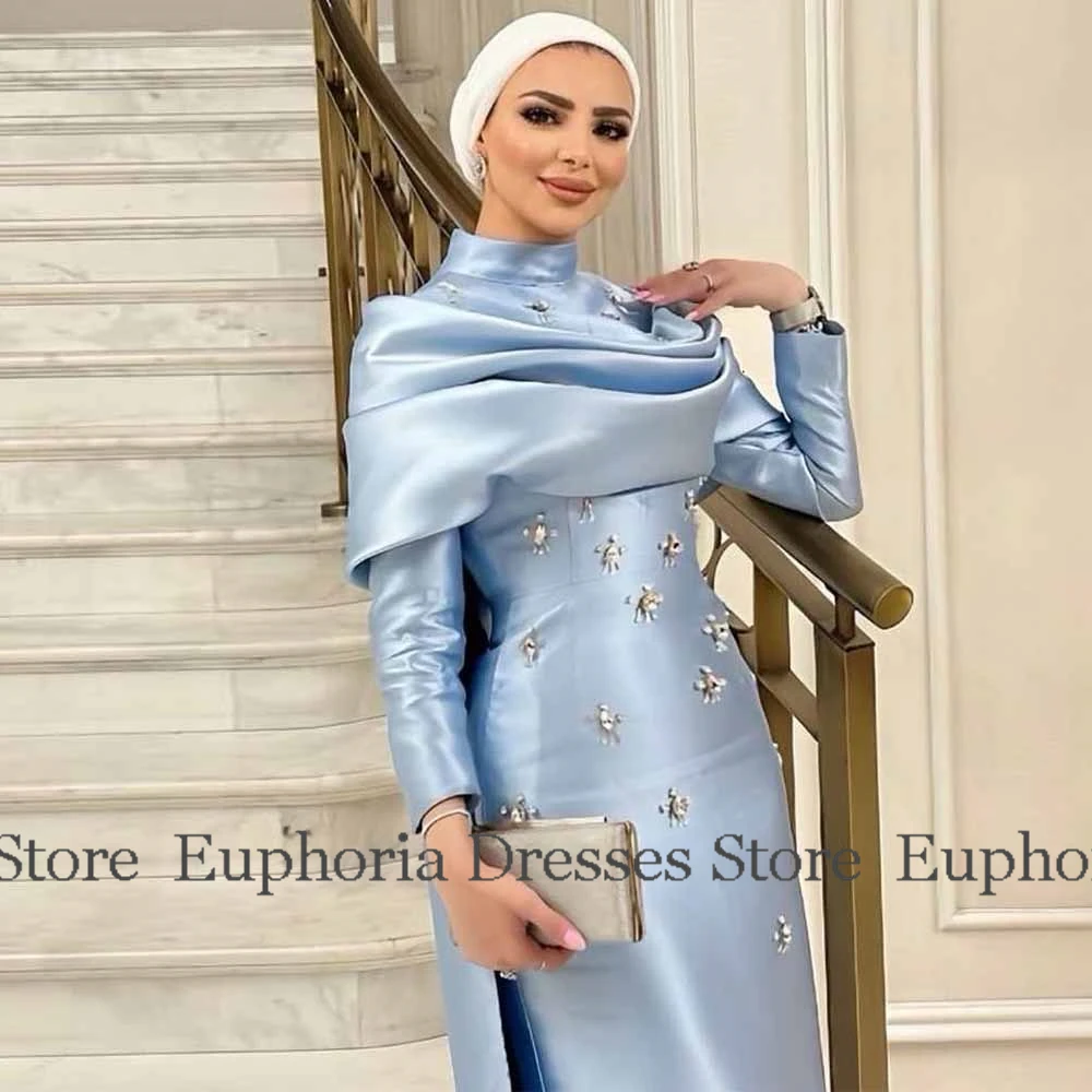 Customized Dubai Bespoke Occasion Gowns Satin Column Valentine's Day Dress Blue High Collar Rhinestones/Crystals Cape Prom Dress image 3