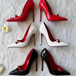 Spring and summer pointed shallow patent leather rivet sexy single shoes thin high-heeled banquet dress large size women's shoes