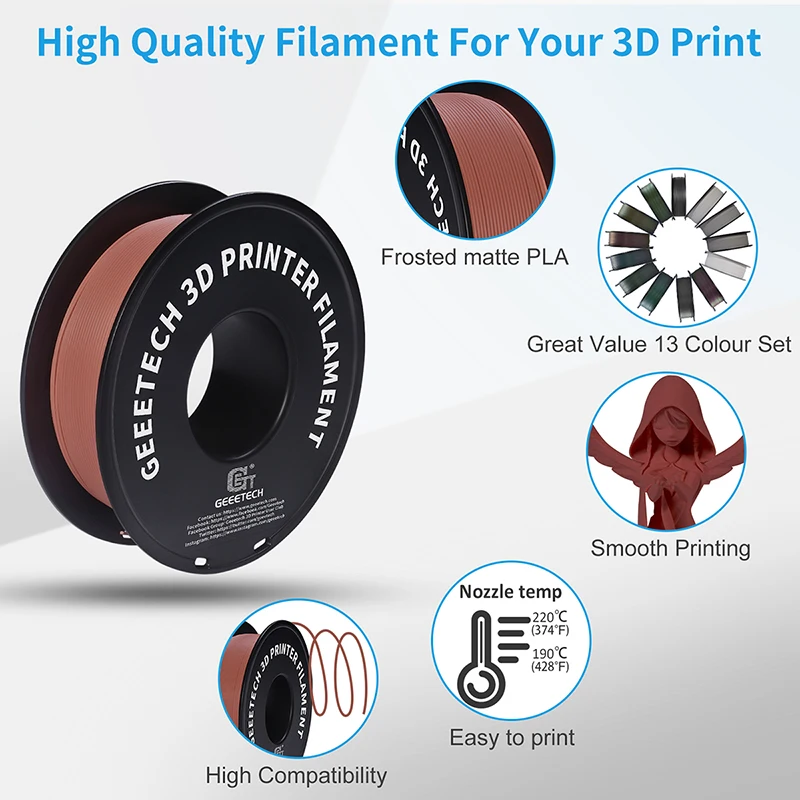 GEEETECH-filamento PLA mate para impresora 3D, 1 rollo/1kg, 1,75mm, envasado al vacío, almacenes en el extranjero, varios colores, envío rápido