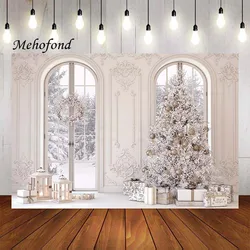 Mehofond Photography Background Winter Christmas Retro White Wall Xmas Tree Gift Kid Family Portrait Decor Backdrop Photo Studio