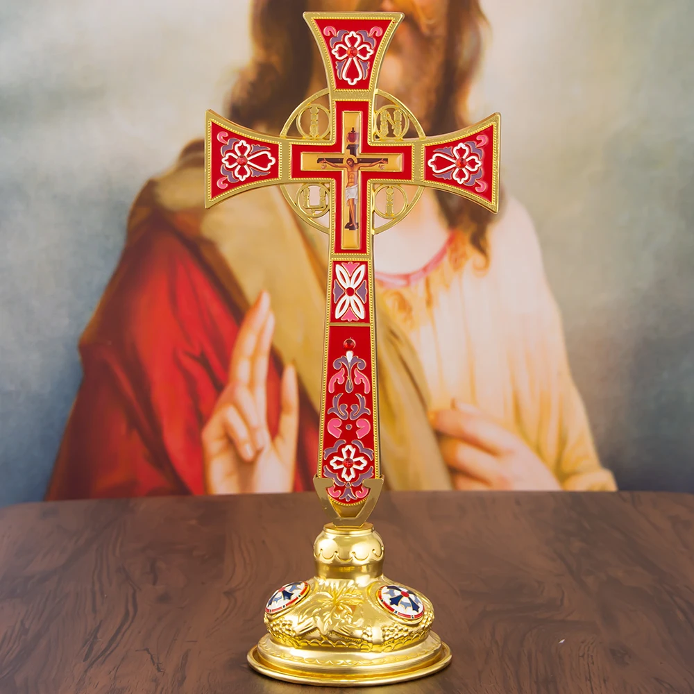 HTISOK Orthodoxes Altarkreuz im Byzantinischen Stil, Vergoldet, Emailliert, Stehendes Jesus-Kruzifix zur Kirchendekoration, Orthodoxes Kreuz – Detail 15