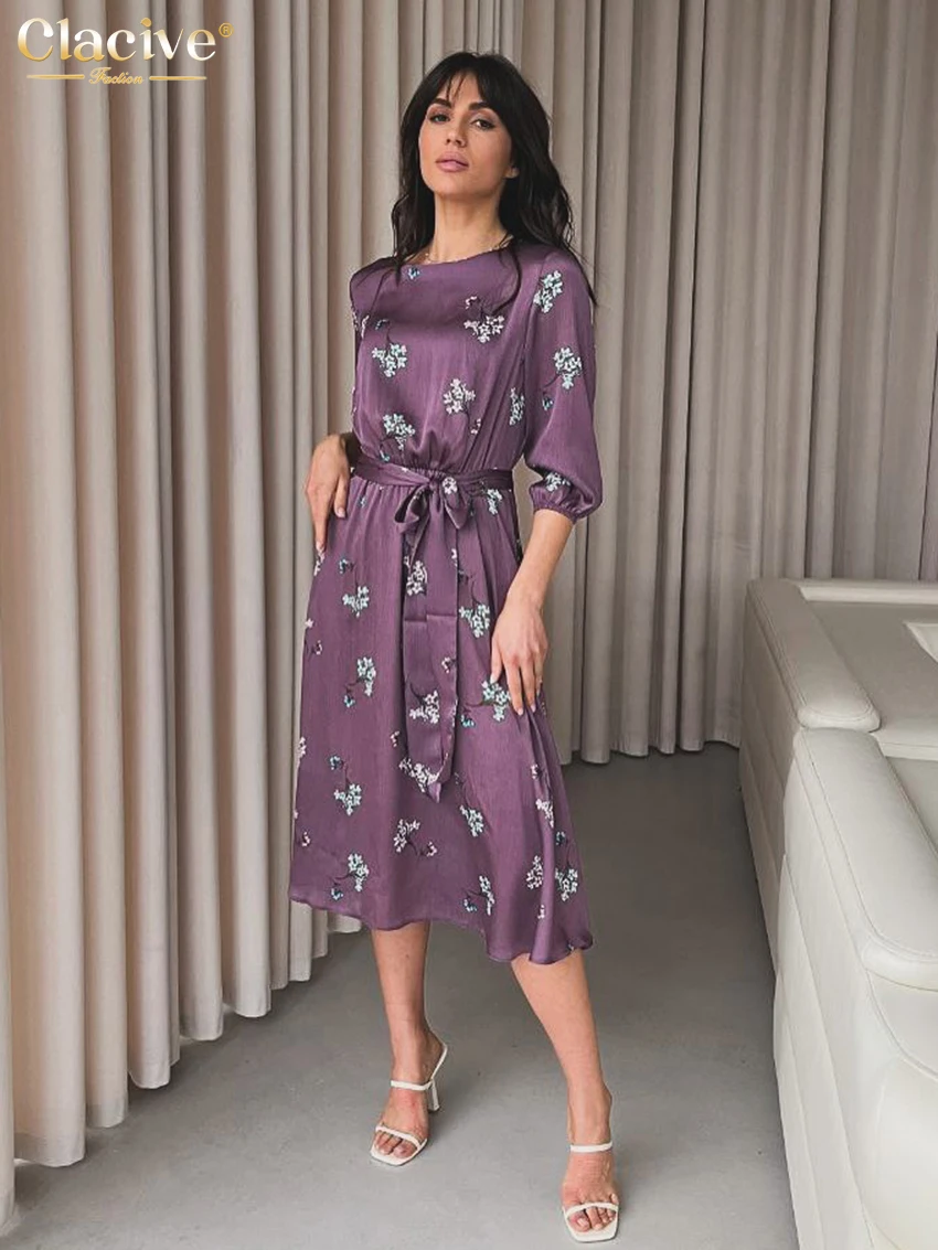 

Clacive Fashion Loose Print Women Dress Summer O-Neck Half Sleeve Midi Dresses Elegant Classic Lace-Up Female Dress Streetwear
