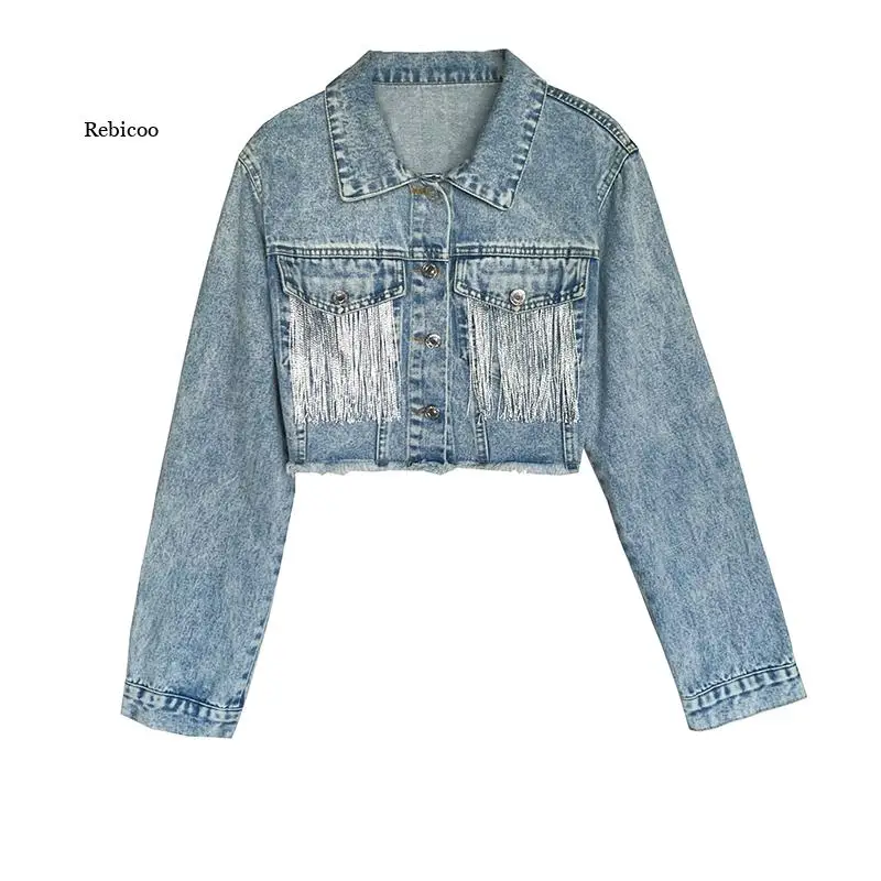 Novo 2022 primavera outono das mulheres denim jaquetas moda estilo curto borla senhoras ourterwear manga longa feminino casaco