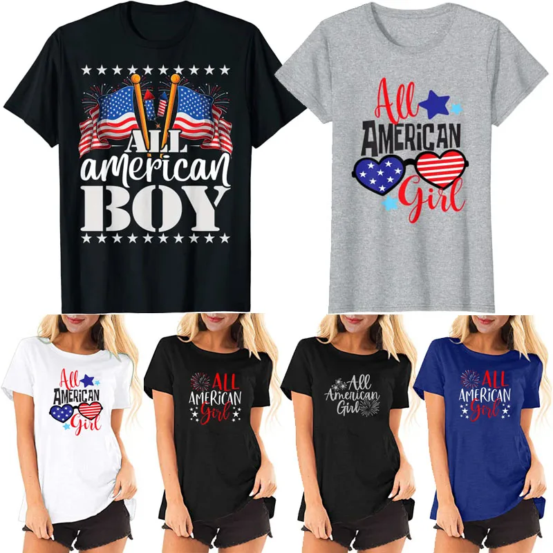 

All American Girl Shirts All-American-Boy Outfits USA America Flag & Firework Patriotic 4th of July T-Shirt Family Clothes Gifts