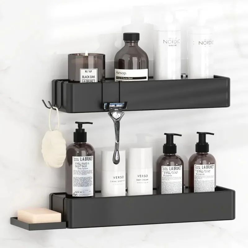 Adhesive Shower Shelves with Soap Holder 4 Hooks No Drilling Bathroom Organizers and Storage Racks