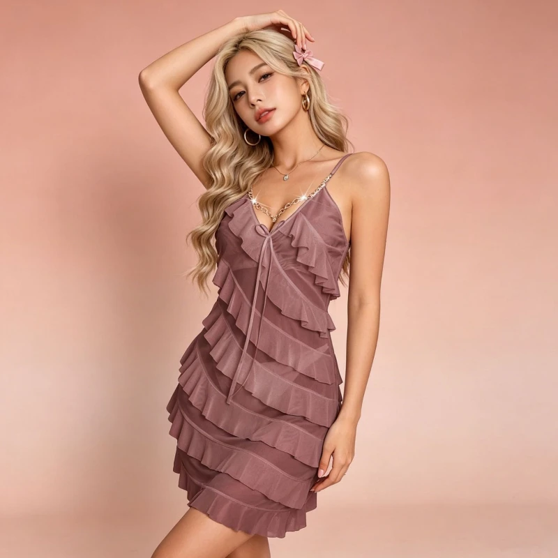 Korean Style Sexy Spicy Girl Style Ruffled Nightgown 2026 Summer Fashion Chain V-neck See Through Suspender Wrap Skirt for Women