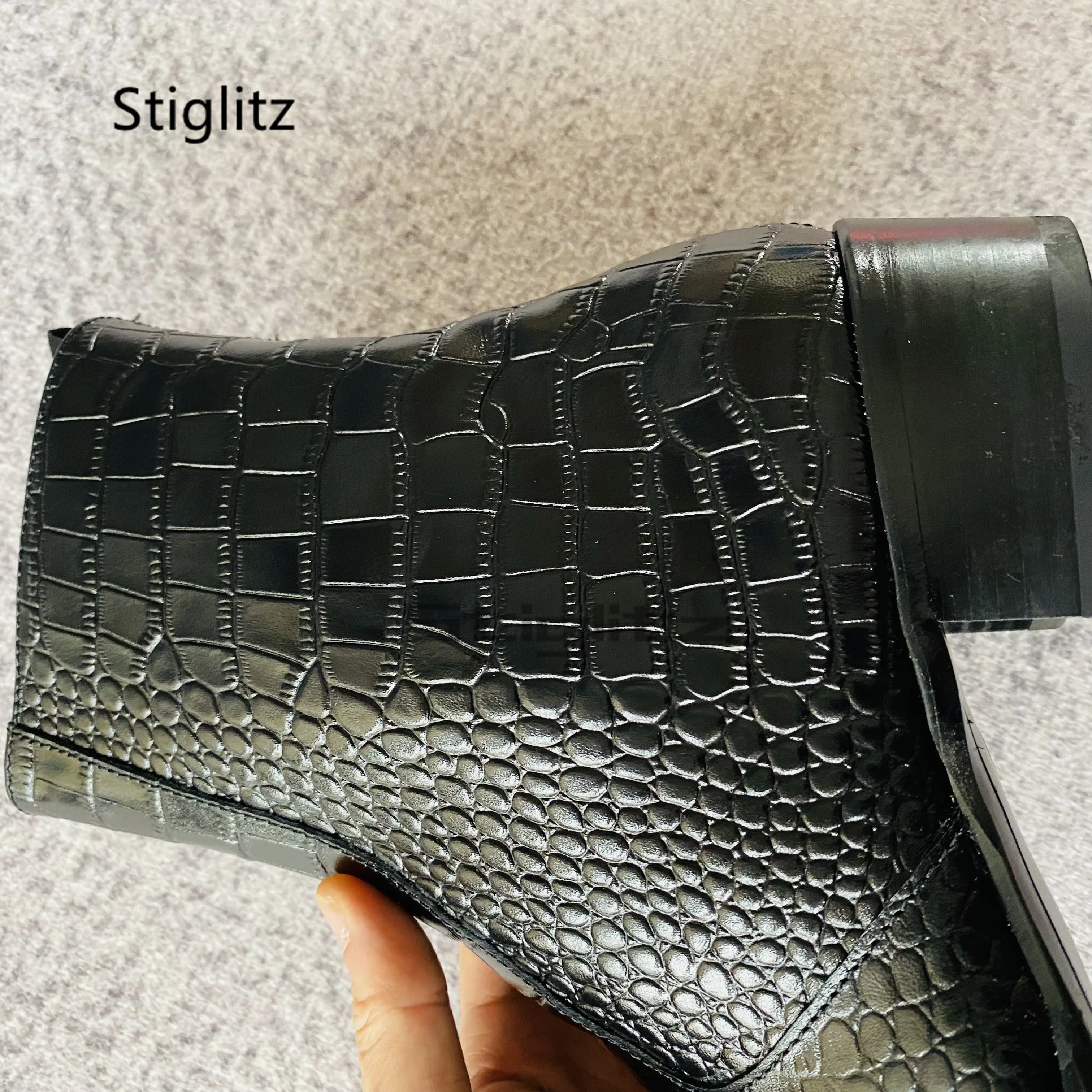 Alligator Leather Ankle Boots for Men Genuine Leather Zip Pointed Toe Thick Heel Black Chelsea Boots Business Dress Male Shoes - view 4