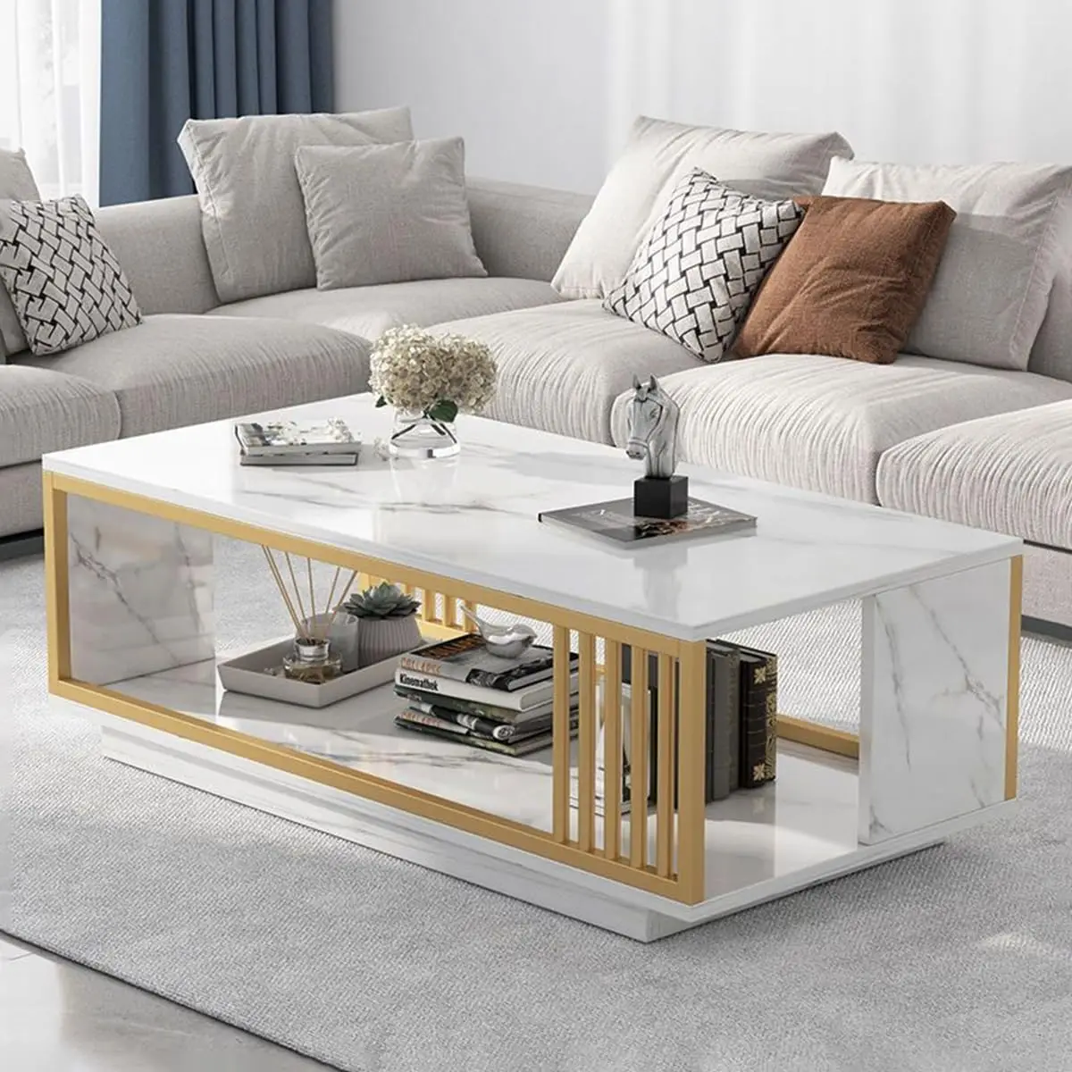 

Gdrasuya10 Modern White Faux Marble Coffee Table, 2-Tier Wood Coffee Table with Gold Frame Center Tv Table Cocktail Table Sofa E