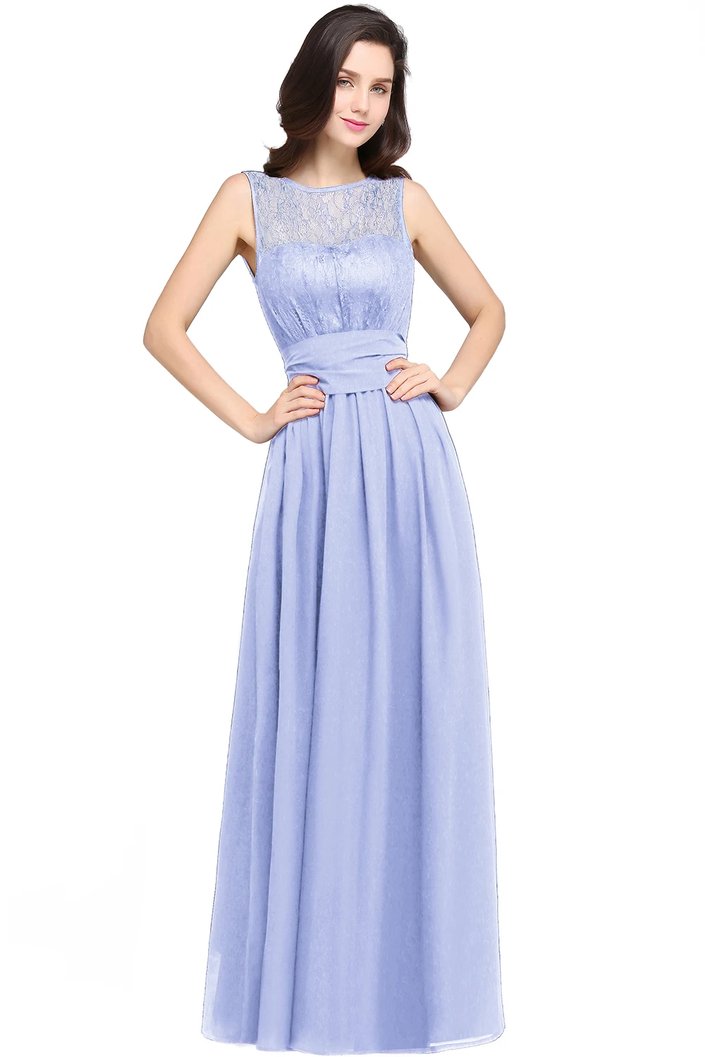 

Hot Sale A Line Bridesmaid Dress Illusion Neckin Lace Floral Appqulies Sleevless Chiffon Skirt Wedding Guest Formal Dress Gown