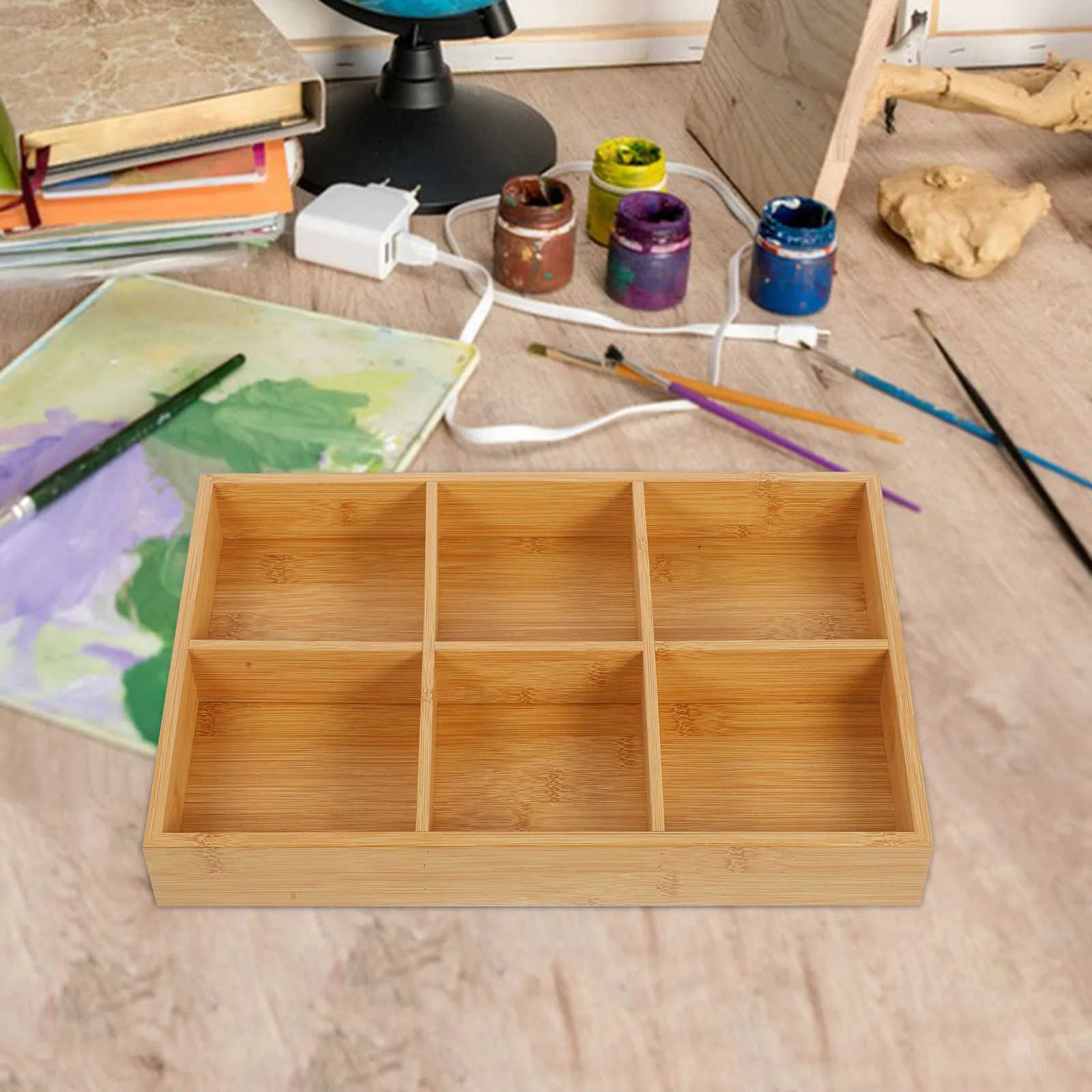 

6-Compartment Bamboo Storage Tray Divided Organizer For Art Supplies Home Office Classroom Use Wood Craft Chalk