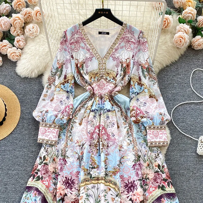 Robe longue de Style Court français, imprimé rétro, col en v, manches à bulles, coupe cintrée, haut de gamme, Niche, robes de soirée