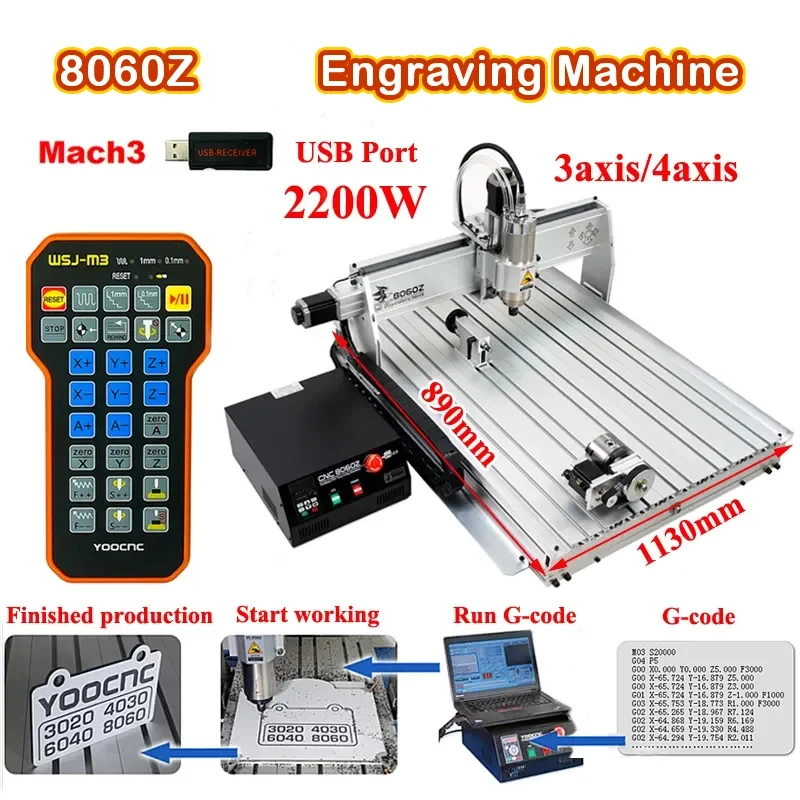 

LY 8060Z 2200 Вт гравировальный станок по дереву из алюминия, фрезерный станок по дереву, линейная направляющая, 4 оси с ручкой, USB-порт для обработки металла своими руками