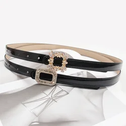 2024 Patent Leather Women Belt Rhinestone Buckles Adjustable PUnk Jean Belts Black Cowhide Real Leather Women Dress Belt Cinture